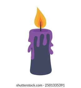 Purple burning candle with melted wax flowing down the sides. Christmas, Halloween, Day of the Dead decoration. Vector illustration of candle in cartoon style isolated on white background