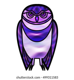 Purple burrowing owl drawn in simple tribal style with a stained glass effect. Vector EPS-10 file, transparency used. 