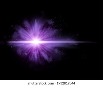 Purple burst with sparkle rays and lens flare effect. Glowing stars. Purple glitter bokeh lights and burst of magical dust particles. Vector illustration