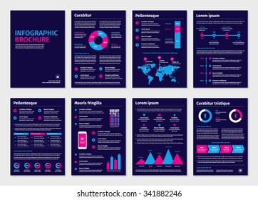 Purple business A4 brochures with infographic blue and pink elements. Brochure or presentation.