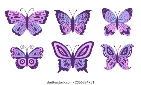 Juego de doodles de mariposas púrpuras. Elegante colección de mariposa gradiente. Mariposa neón, polilla, insecto. Ilustración vectorial, símbolo romántico