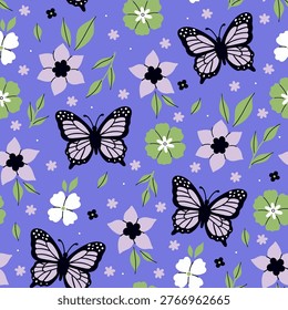 Purple butterflies and flowers seamless pattern. Vector graphics.