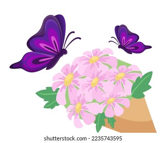 Purple butterflies flying towards bouquet vector illustration. Cartoon drawing of insects with wings above flowers isolated on white background. Nature, spring, celebration concept