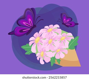 Purple butterflies flying towards bouquet vector illustration. Cartoon drawing of insects with wings above flowers on abstract background. Nature, spring, celebration concept