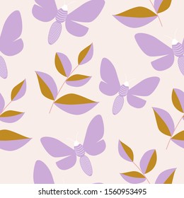 Purple butterflies and golden leaves in a seamless pattern design, perfect to use on the web or in print