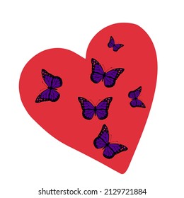 Purple butterflies on red heart stock illustration.