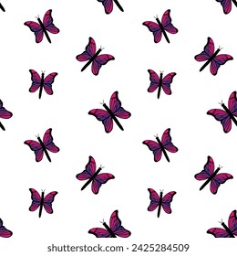 Purple butterflies vector seamless pattern. Outline butterfly background, wallpaper, print, textile, fabric, wrapping paper, packaging design. Line art
