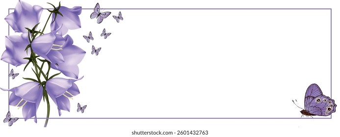 purple butterfly flies against a lilac campanula background and there are many butterflies on the horizon with a frame on a  white background.Close-up,isolated,macro.The design element