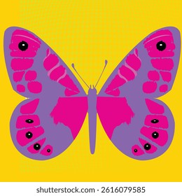 purple butterfly on a background of halftone dots. vector illustration