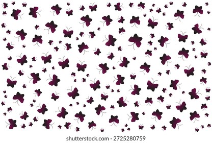 Plano de fundo padrão borboleta roxa com silhuetas voadoras espalhadas em branco limpo para design decorativo, Elegante borboletas roxo padrão sem costura no fundo branco para papel de parede têxtil e design de impressão, Padrão de silhueta borboleta roxa abstrata com insetos flutuantes no fundo minimalista branco