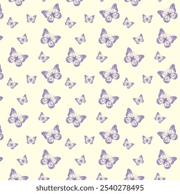 Purple butterfly pattern. Ethereal lepidoptera. Repeating motif background for travel themed projects or nature inspired aesthetics.