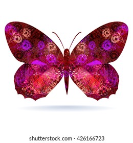 Purple butterfly. Stylized abstract pattern on the wings. Isolated on white background with shadow
