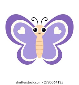 Purple butterfly vector with heart shaped patterns. Cute stylized flat insect for kids design, nursery decor, stickers and prints. Isolated on white background. Hand drawn.