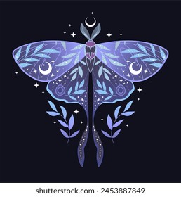 Purple butterfly vector illustration. Esoteric alchemy symbol. Design for poster, card, tattoo.