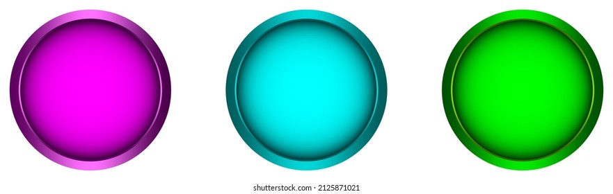 Purple button, Cyan button, Green button vector set on white isolated back.
Round web button Vector Illustration with smooth gradients and different Colors.