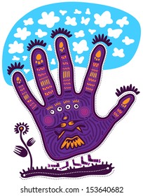 Purple by aliens with four eyes and five legs standing and looking at a flower. Silhouette of an alien hand shape. Clouds float above it.