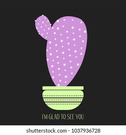 Purple Cactus in a Pot on a Dark Background. Creative Vector Template with Text in Minimalism Style. Purple Cactus Isolated for Card, Invitation, Paper, Postcard, Fabric, Textile or Your Project.