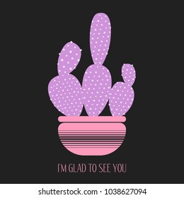 Purple Cactus in a Pot on a Dark Background. Creative Vector Template with Text in Minimalism Style. Purple Cactus Isolated for Card, Invitation, Paper, Postcard, Fabric, Textile or Your Project.