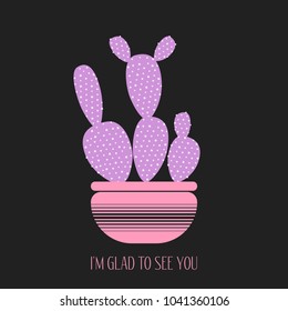Purple Cactus in a Pot on a Dark Background. Creative Vector Template with Text in Minimalism Style. Purple Cactus Isolated for Card, Invitation, Paper, Postcard, Fabric, Textile or Your Project.