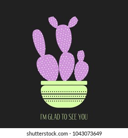 Purple Cactus in a Pot on a Dark Background. Creative Vector Template with Text in Minimalism Style. Purple Cactus Isolated for Card, Invitation, Paper, Postcard, Fabric, Textile or Your Project.