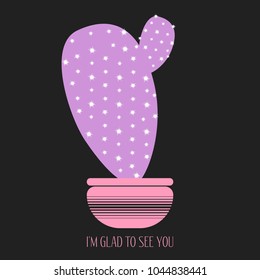 Purple Cactus in a Pot on a Dark Background. Creative Vector Template with Text in Minimalism Style. Purple Cactus Isolated for Card, Invitation, Paper, Postcard, Fabric, Textile or Your Project.