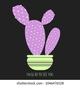 Purple Cactus in a Pot on a Dark Background. Creative Vector Template with Text in Minimalism Style. Purple Cactus Isolated for Card, Invitation, Paper, Postcard, Fabric, Textile or Your Project.