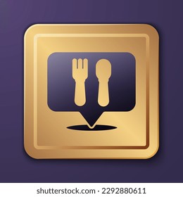 Purple Cafe and restaurant location icon isolated on purple background. Fork and spoon eatery sign inside pinpoint. Gold square button. Vector Illustration.