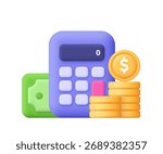 Purple calculator with golden coin stack and green dollar banknote. Banking, business, investment, financial planning, savings and money management concept. 3d vector icon. Cartoon minimal style.