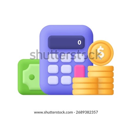 Purple calculator with golden coin stack and green dollar banknote. Banking, business, investment, financial planning, savings and money management concept. 3d vector icon. Cartoon minimal style.