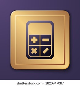 Purple Calculator icon isolated on purple background. Accounting symbol. Business calculations mathematics education and finance. Gold square button. Vector Illustration