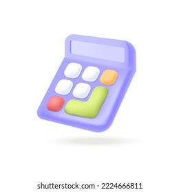 Purple calculator for school or work 3D icon. Tool for counting numbers at math class or workplace, accounting equipment 3D vector illustration on white background. Education, economy concept