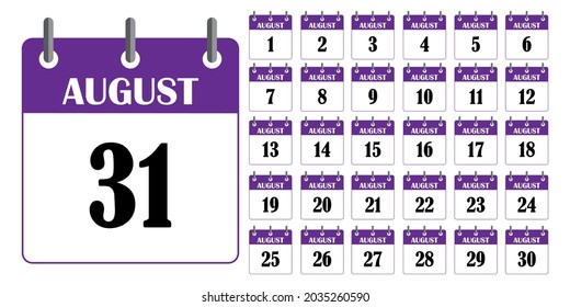 Purple calendar august icon. Page of calendar. Summer season. Planning concept. Vector illustration. Stock image. 