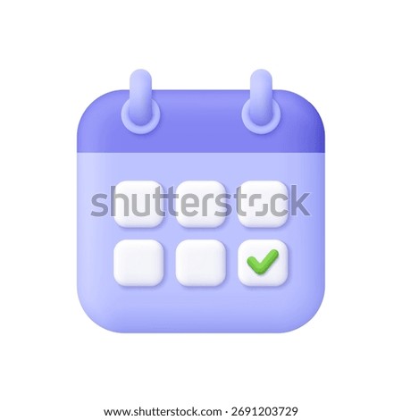 Purple calendar with check marks. Time management, planning, deadline, organization, reminders and schedule concept. 3d vector icon. Cartoon minimal style.