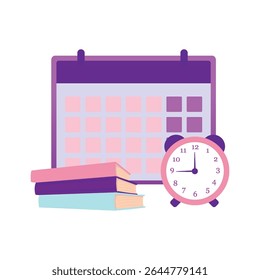 Purple Calendar with Pink Alarm Clock and Books for Planning Study Time