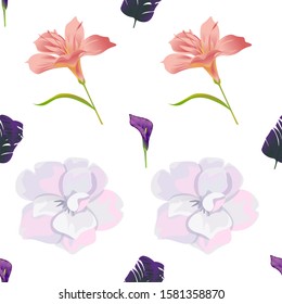 Purple Calla. Purple Banana Leaf. Pink Amaryllis. White Camellia. Vector illustration. Seamless background pattern. Floral botanical flower. Wild leaf wildflower isolated. Exotic tropical hawaiian.