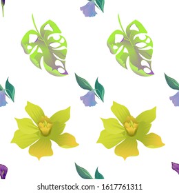 Purple Calla. Purple Bllflower. Green Monstera. Yellow Orchid. Vector illustration. Seamless background pattern. Floral botanical flower. Wild leaf wildflower isolated. Exotic tropical hawaiian.