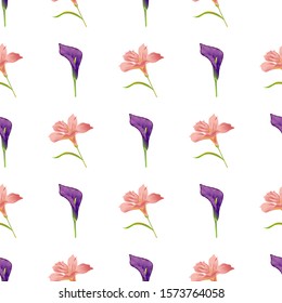 Purple Calla. Pink Amaryllis. Vector illustration. Seamless background pattern. Floral botanical flower. Wild leaf wildflower isolated. Exotic tropical hawaiian jungle. Fabric wallpaper print texture.