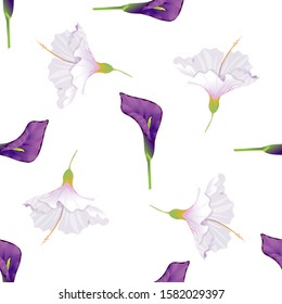 Purple Calla. White Hibiscus. Vector illustration. Seamless background pattern. Floral botanical flower. Wild leaf wildflower isolated. Exotic tropical hawaiian jungle. Fabric wallpaper print texture.