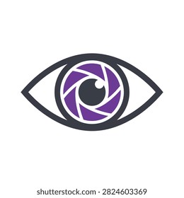 Purple camera lens shutter inside an eye graphic logo design vector illustration