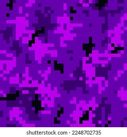 Patrón transparente de camuflaje morado. Baldosas de píxeles digitales en textiles. Moderno uniforme de camo, colorido tejido de ropa de calle. Ilustración vectorial plana multicolor militarista o de moda.