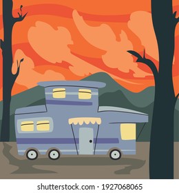 purple camper trailer at forest design of caravan trip camp adventure transportation and travel theme Vector illustration