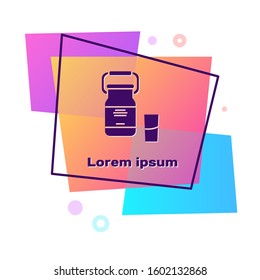 Purple Can container for milk and glass icon isolated on white background. Color rectangle button. Vector Illustration