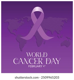 Cinta púrpura de la conciencia del cáncer en el mapa de la tierra. Celebrando el Día Mundial contra el Cáncer el 4 de febrero. Concepto del Día Mundial contra el Cáncer. Ilustración vectorial plana.