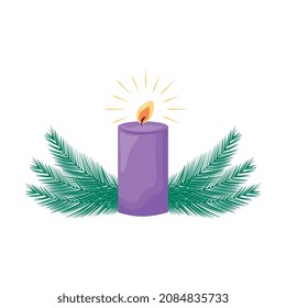 violette Kerze mit Ästen einzeln auf weißem Hintergrund. Vektorgrafik