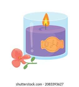 Purple candle in jar. Cartoon aromatic fire bright for yoga, various vector illustration isolated on white background