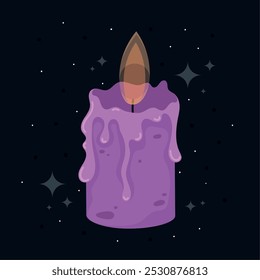 Purple candle with wax drips on a dark starry background, Vector