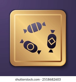 Purple Candy icon isolated on purple background. Gold square button. Vector Illustration