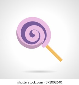 Purple candy with stick. Swirl lollipop. Confectionery, sweets, pastry. Desserts menu. Candy shop. Vector icon flat color style. Web design element for site, mobile and business.