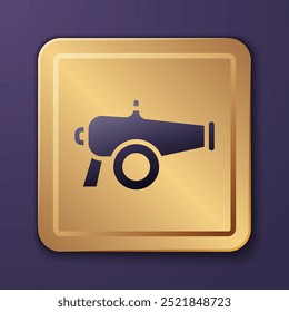 Ícone de canhão roxo isolado no plano de fundo roxo. Botão quadrado dourado. Vetor