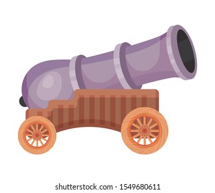 Purple cannon on wheels. Vector illustration on a white background.